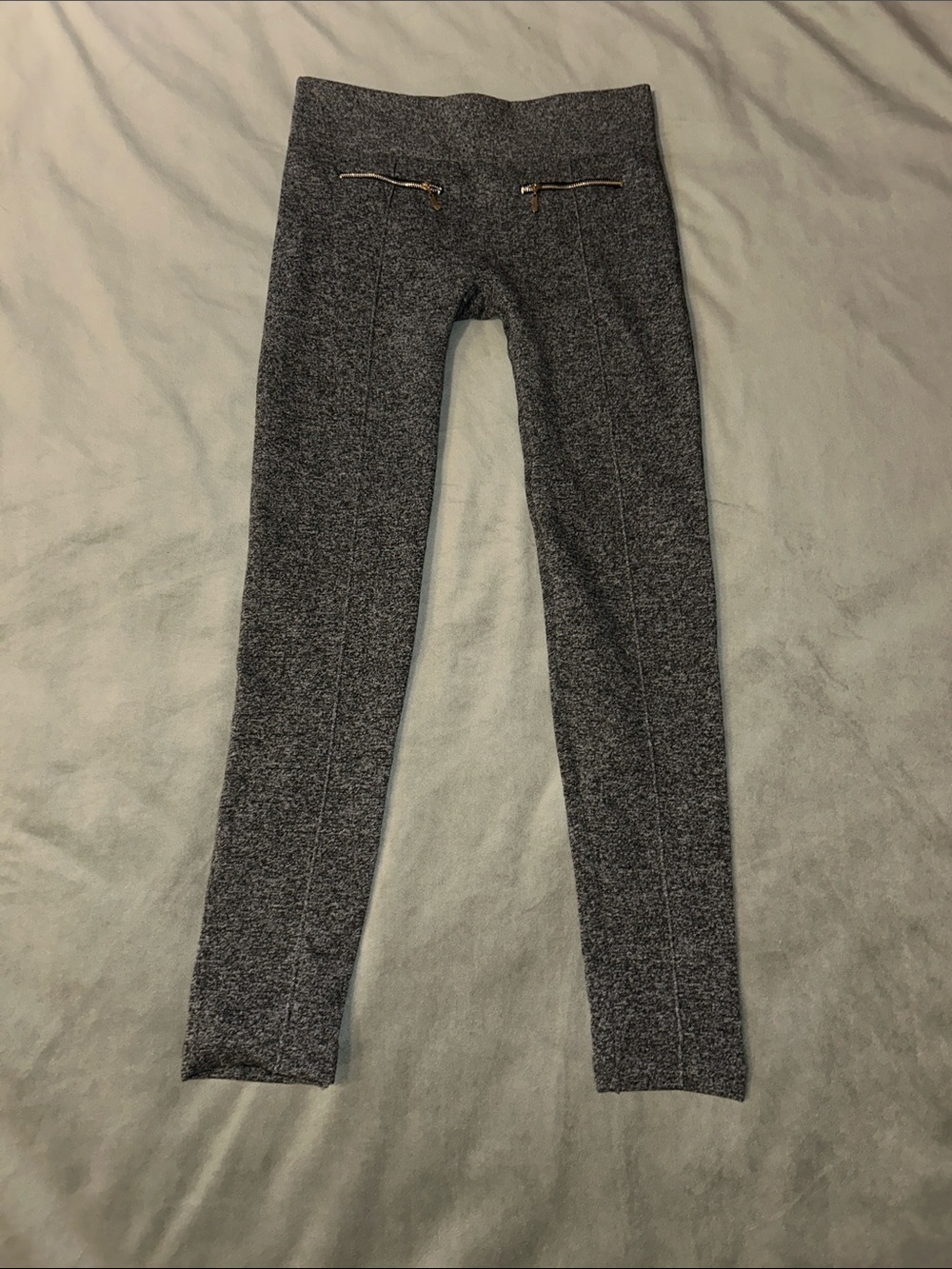 Revamped Gray Heathered Ponte Leggings with Gold Trim